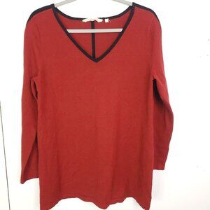 Soft Surroundings Sweater Womens Small V Neck Knit Black Striped Trims Bolted